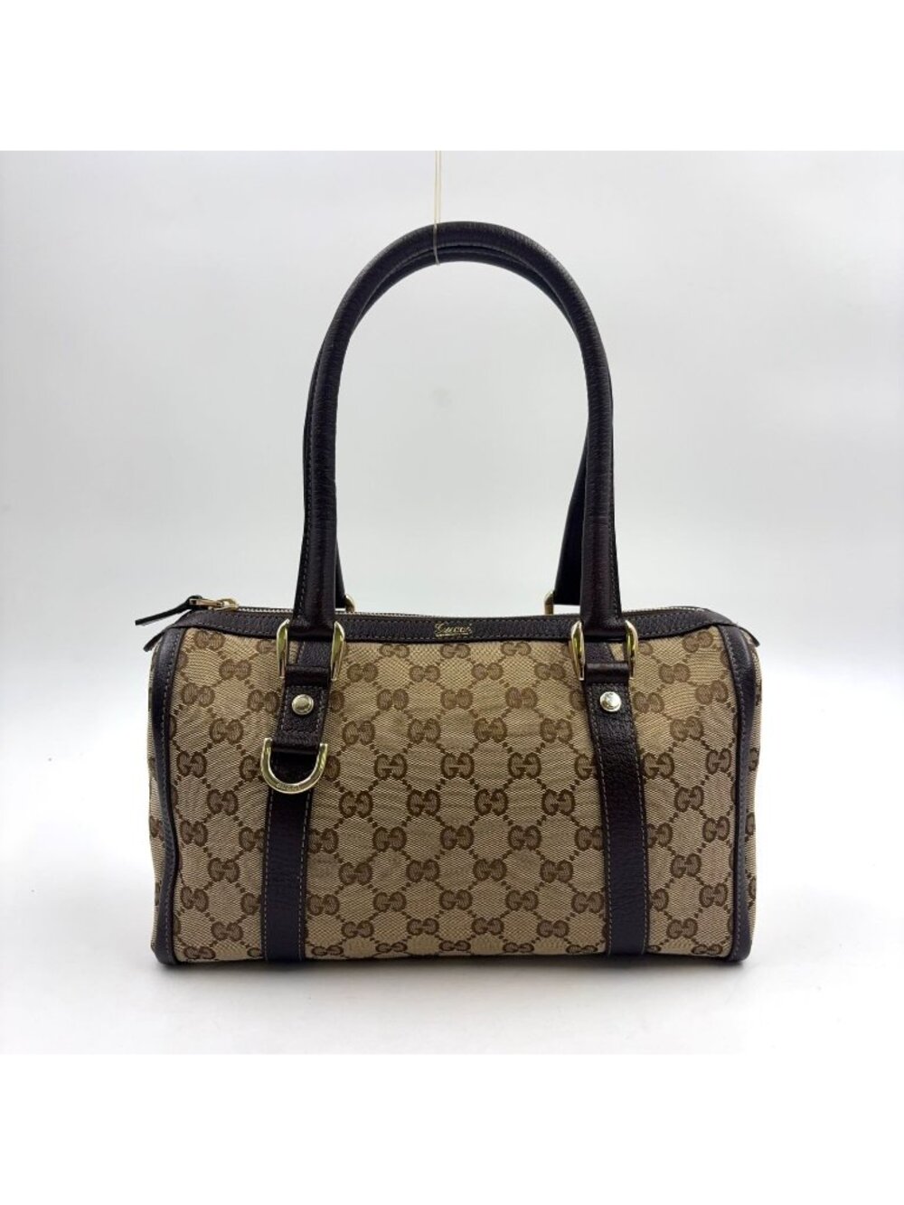 Gucci Abbey Leather Canvas Dark Brown Beige Handbag Gold